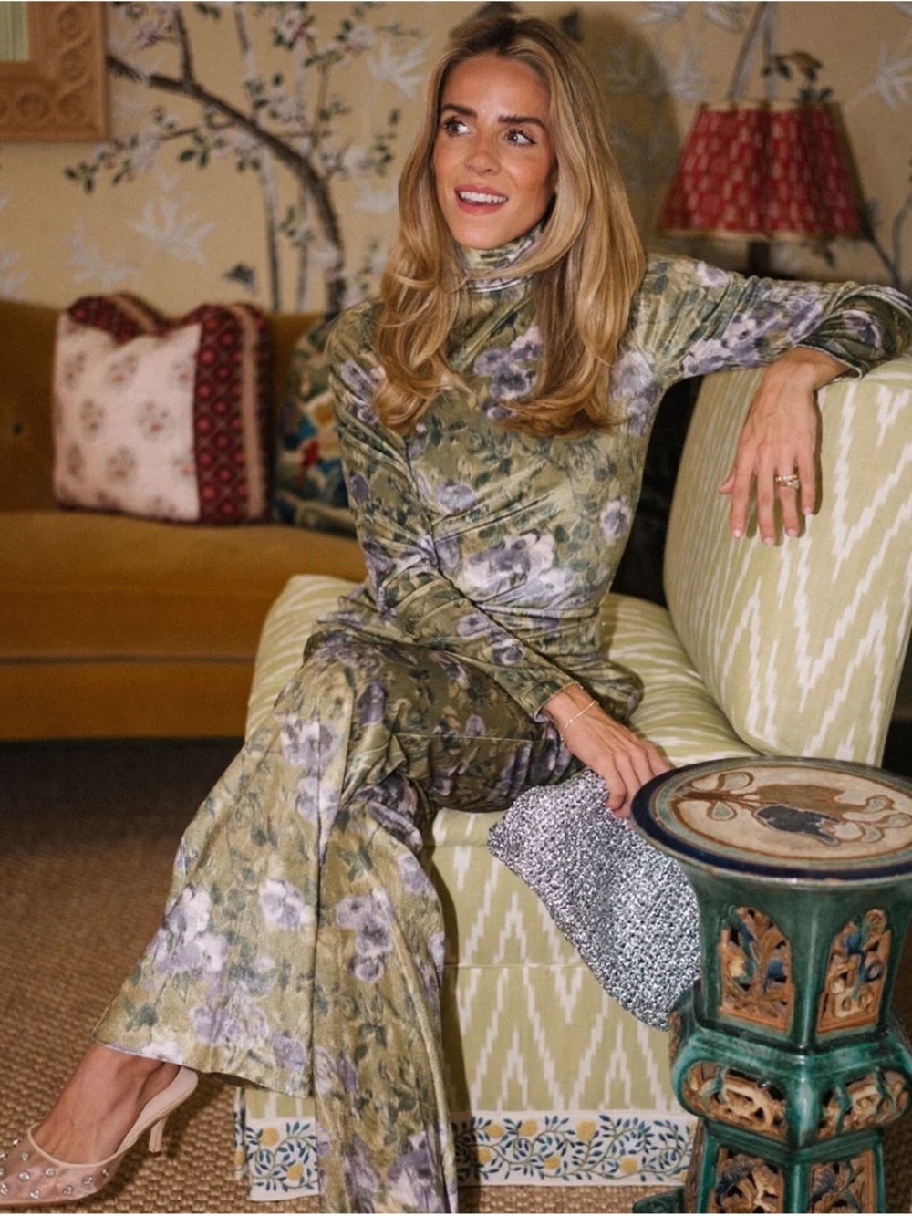 Tuckernuck Olive Floral Velvet Turtleneck Top & Pants